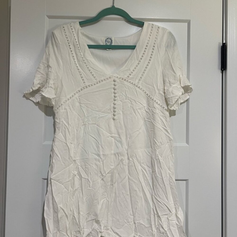 Blue Rain Cream Dress with Button Detail